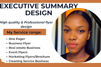 design one pager executive summary, business flyer, brochure design, investment