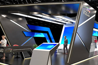 do realistic interiors of cafes, kiosk model, posm booth, 3d trade booth, stall