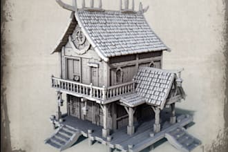 design 3d wooden terrain, wooden house,ruinstemples,medieval terrains, trpg,stl