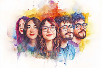 painting realistic family portrait or group watercolor style