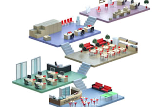 model 2d,3d isometric low poly office interior floor plan, furniture layout, cgi