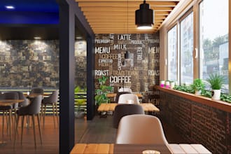 modern 3d restaurant interior, coffee shop, bar, cafe, 3d rendering