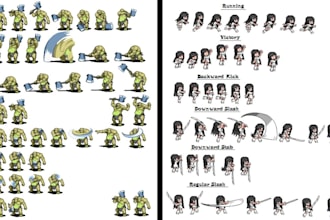2d pixel art game sprite characters, pixel sprite sheet animation assets objects