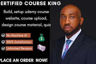 build, setup udemy course website, course upload, design course material, quiz