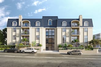 make a photorealistic exterior house rendering with landscaping