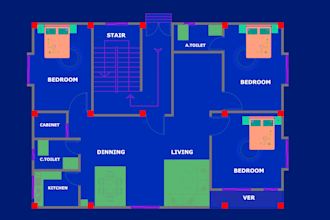 draw an autocad 2d drawing a floor plan a house plan and an elevation