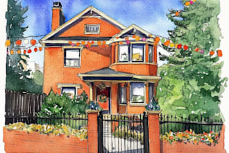 draw your house or building with colorful watercolor