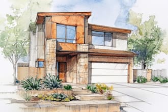 exterior interior sketches with architecture watercolor