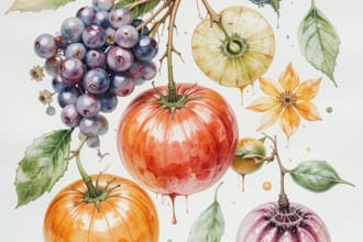 draw fruits and bread hand drawn in colorfully watercolor