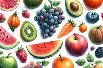 paint watercolor fruits, vegetables, berries in my own style