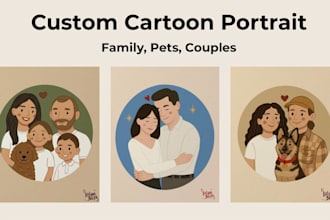 draw cute cartoon family, couple, pet portrait