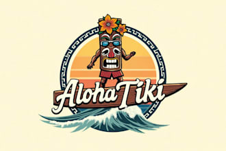 make modern aloha tiki surfing logo with unlimited revisions