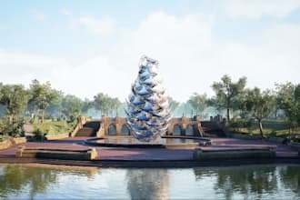 renovate car park, garage, open space, water fountain, facade in 8k render