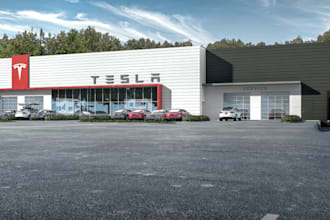 renovate 3d realistic warehouse exterior,showroom render,car park,store interior