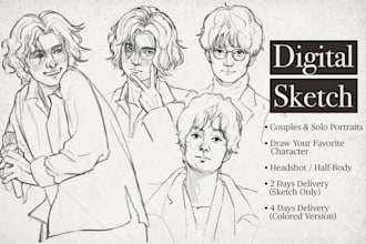 do digital hand drawn portraits and characters sketch