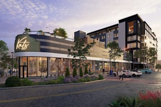 modernize 3d restaurant building, cabin house, gym house, bar, 3d realistic, cgi
