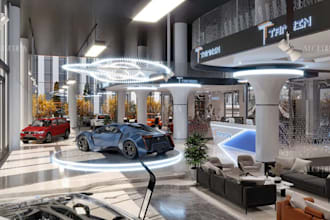 create a cgi unreal engine car showroom, automobile space, bike showroom design