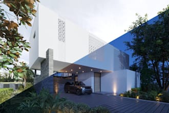 luxury 3d house exterior, facade design, landscape, garage, lightning