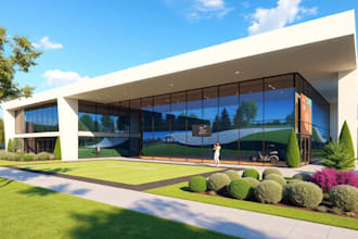 do 3d commercial building rendering, 3d exterior design, yard design