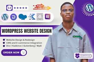 design wordpress website using elementor, wpbakery, kadence, gutenberg, divi