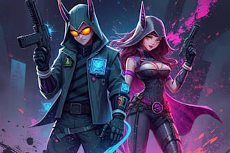 design cyberpunk and fantasy character splash art