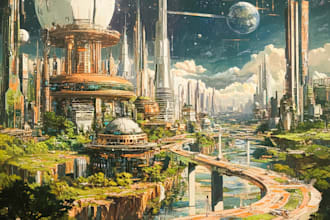 design science fiction, cyberpunk city fantasy art, game art illustration