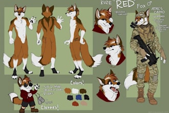 make a custom fursuit cosplay anthro design, ref sheet, custom clothes design