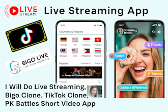 do live streaming app, bigo clone, tiktok clone, pk battles short video app reel