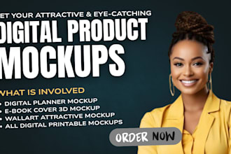 design eye catching digital products mockups, planner, wallart, ebook 3d mockup
