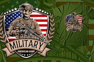 draw a custom vintage retro military skull or skeleton illustration for t shirt