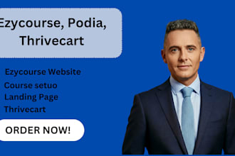design landing page, course setup sales funnel on ezycourse, podia thrivecart