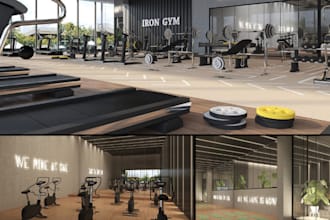 remodel 3d gym interior, home gym rendering, sport fitness center, bar, showroom