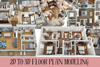 do 2d to 3d floor plan, 3d visualization and interior design, virtual staging