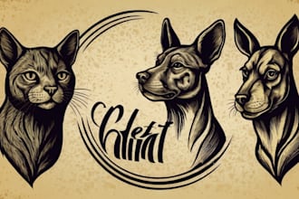 design vector animal retro logo mascot, linocut pet portrait