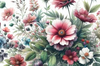 create a botanical watercolor of flowers, plants and fruits