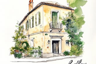 draw house, building, favorite place in watercolor sketch