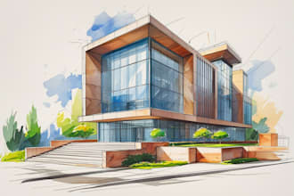 draw an architectural digital marker or watercolor sketches