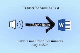 transcribe audio to text, video transcription or audio transcription in 6 hours