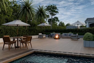 renovate 3d exterior design,farm house render,balcony space,fire pit,couch combo