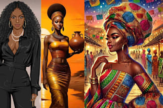 do african american fashion illustration style, character design, custom artwork