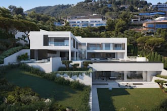 optimize 3d luxury exterior, facade,balcony house, pool patio,cgi lawn, blender