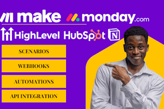 setup make com automation made com with gohighlevel, hubspot, notion, monday crm