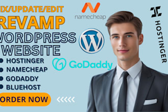 fix, update, revamp wordpress, hostinger website, godaddy, bluehost, namecheap