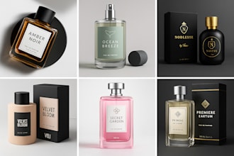 create the packaging, logo, cosmetic label, box design, and 3d model for perfume
