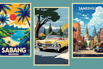 create retro vintage, travel poster, movie illustration poster design, art deco