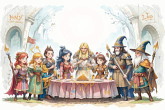 draw cartoon dnd art and dnd party with unique characters