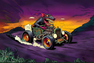draw custom rat fink, ed roth monster car, hot rod, bike kustom art, tshirt