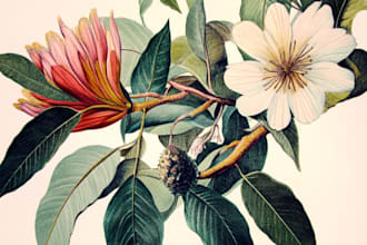 draw botanical illustrations of flowers, plants and fruits