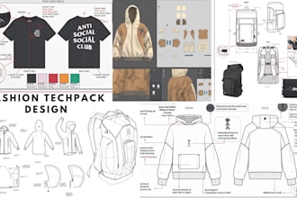 design fashion clothing, bag tech pack, t shirt sketches and garment drawing