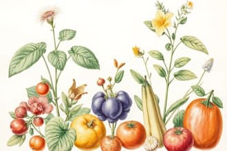 draw botanical illustration of plants, fruits, vegetables